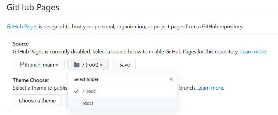 Github pages, configure branch (=main) and folder (=/docs)